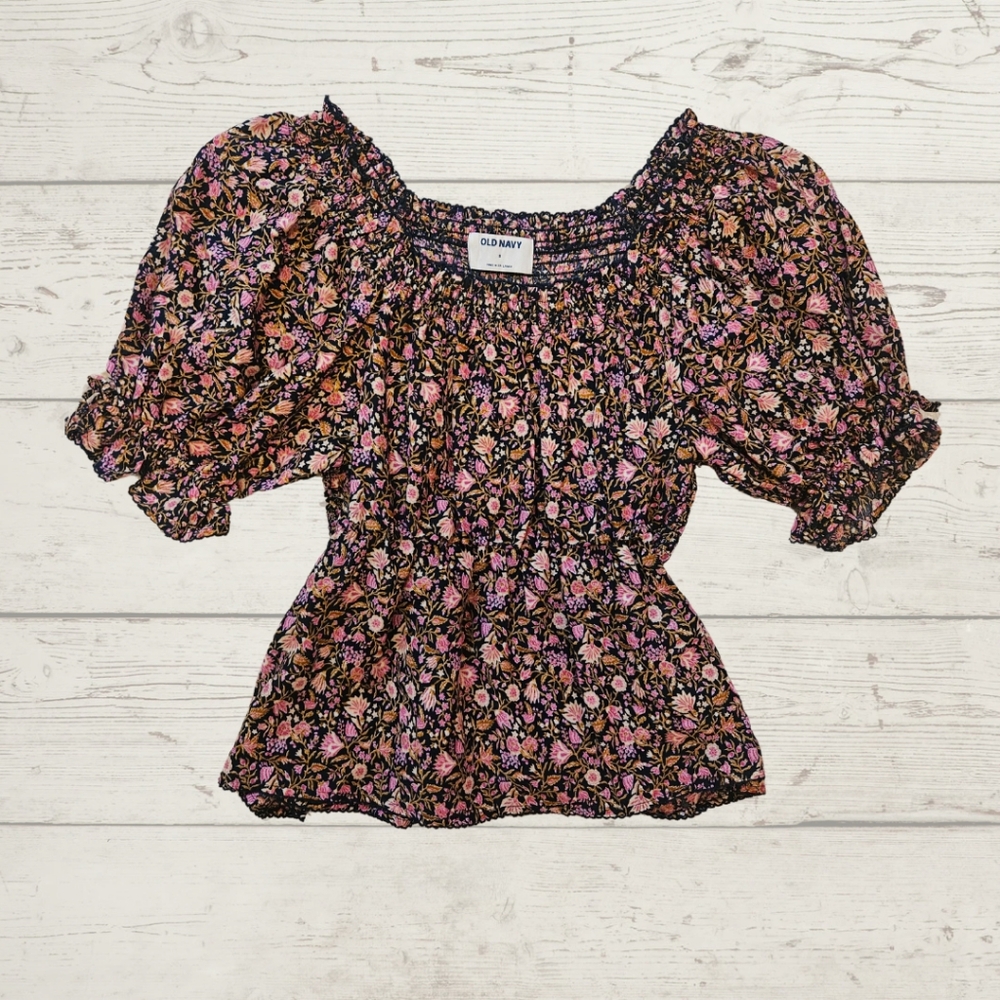 Old Navy Brown and Pink Floral Smocked Puff Sleeve Blouse- Size S
